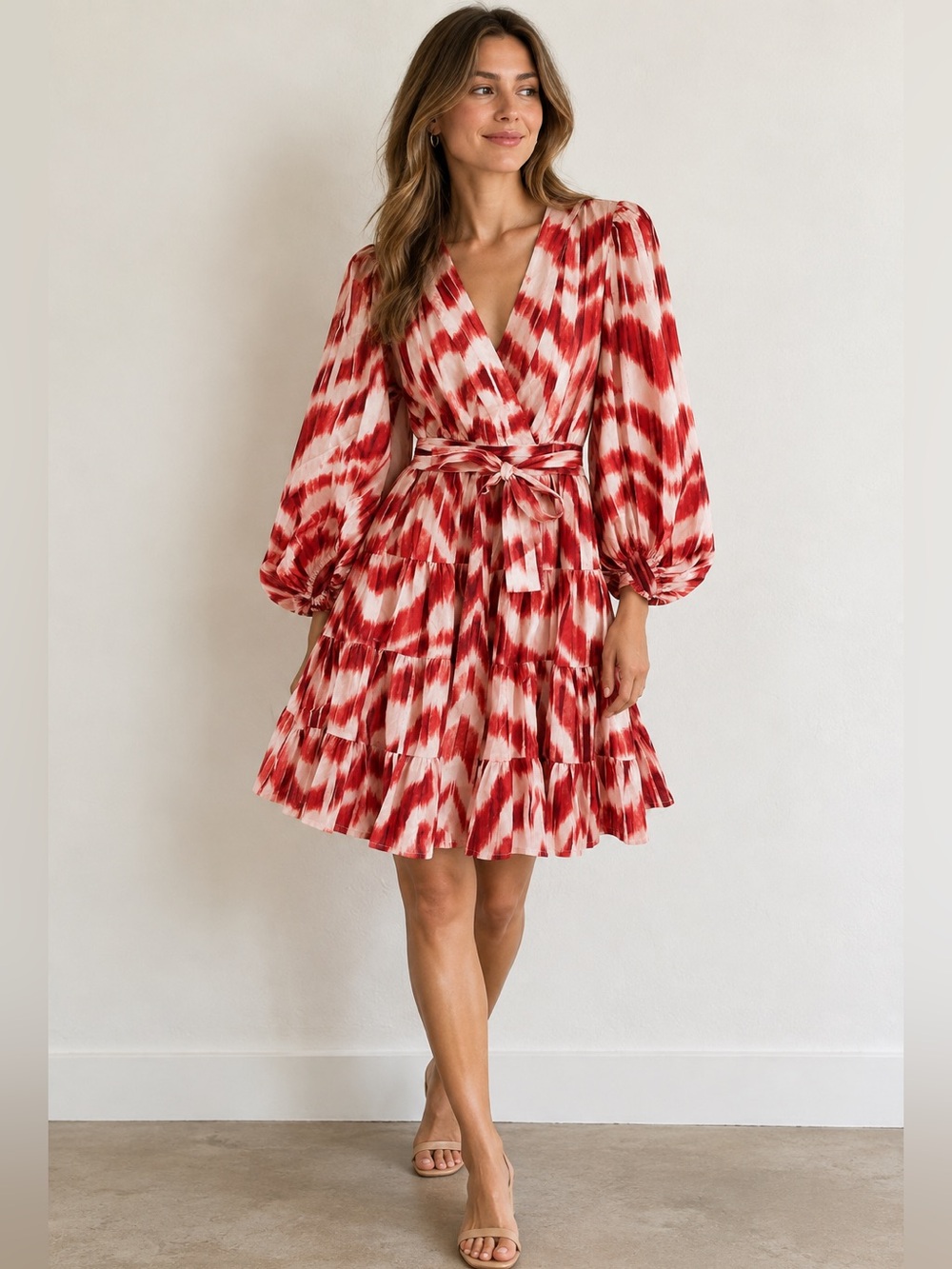 Banana Republic NWT Rust-Red Faux Wrap Tiered Printed Dress w Puff Sleeves XS
